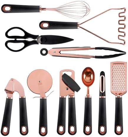 COOK WITH COLOR Kitchen Gadget Set Copper Plated Stainless Steel Utensils with Soft Touch Handles, Copper Black, 10 Pieces