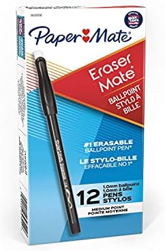 Paper Mate EraserMate Erasable Pen, Medium Point, Black, Box of 12