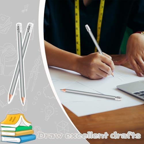 24PCS Silver Colored Pencils with Eraser Pre Sharpened Pencil 2 HB - Ideal for Checking, Grading, Tests & Office/School Supplies (Silver)