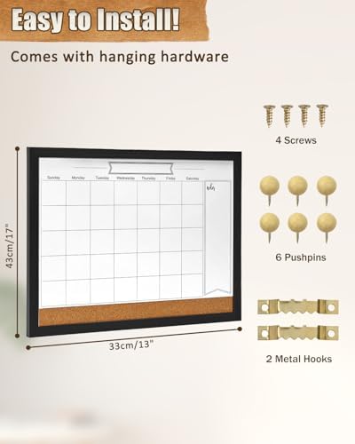 Dry Erase Calendar Whiteboard for Wall, Magnetic 13" x 17" Combination Dry Erase Board & Bulletin Board, 2in1 White Board Cork Board Combo(Black)