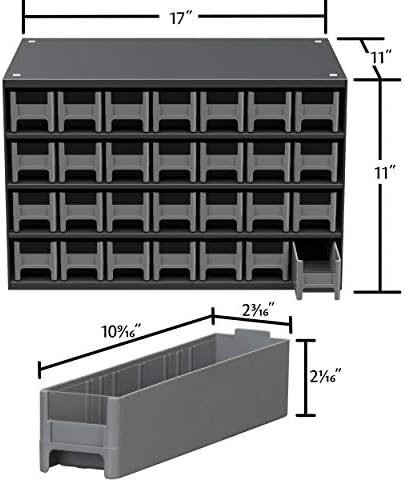 Akro-Mils Steel Garage Storage Cabinet, Small Parts Organizer Metal Cabinet for Hardware, Nails, Screws, Bolts, Nuts, and More, 17" W x 11" D x 11" H, 28-Drawer, Gray Cabinet/Black Drawers (19228)