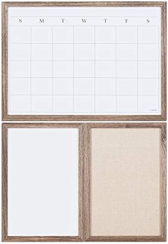 U Brands Organization Center Kit, Rustic Wood Frame, Includes Magnetic Dry Erase Calendar, Magnetic Whiteboard, Linen Bulletin Board, Along with 6 Pins, 4 Markers, and 4 Magnets (4835U00-01)