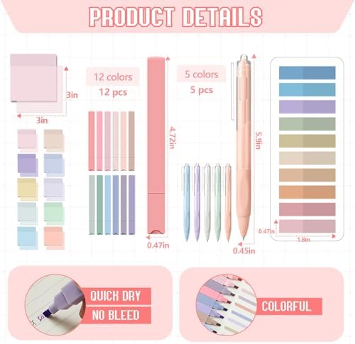 Jutom 39 Pcs Aesthetic Book Annotation Kit,Pink,Kawaii Style