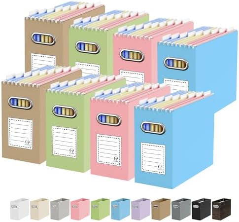 Oterri Portable Collapsible Cardboard File Box with Handle for Letter-Size | 8-Pack. Stainless Steel Handle. Label Stickers Included. Fits Letter Folders (Not Included). Home, Office, School, Dorm, Tax.