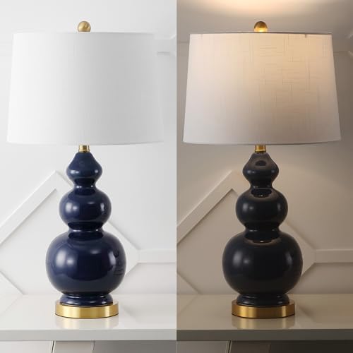 JONATHAN Y Bowen 27.5" Ceramic Triple Gourd Table Lamp, Navy/Brass Gold
