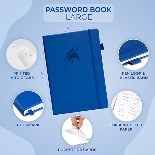 Clever Fox Password Book with Alphabetical Tabs, 7"x10" Keeper Royal Blue