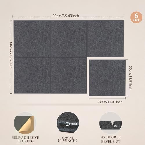 JBER Large Felt Bulletin Board 36" x 24", 6 Pack Felt Wall Tiles, Dark Gray