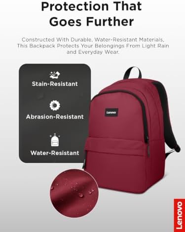 Lenovo 16-inch Commuter Backpack B10, Lightweight 30L Laptop Backpack, Water-Resistant Travel Bag with 6 Storage Compartments, Anti-Theft Pocket & Luggage Strap, Fits Up to 16" Laptop, Burgundy