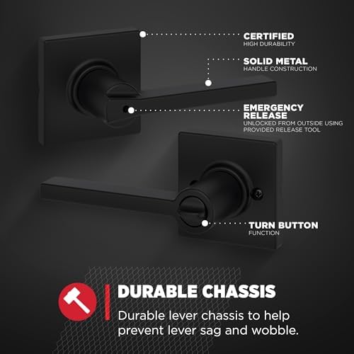 Kwikset Door Handle, Privacy Lock, Matte Black | Bathroom and Bedroom | Reversible | Microban Protection | Pack of 2