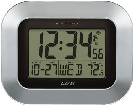 La Crosse Technology WT-8005U-S Atomic Digital Wall Clock with Indoor Temperature, Silver