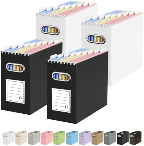 Oterri Portable Collapsible Cardboard File Box with Handle for Letter-Size | 4-Pack. Stainless Steel Handle. Label Stickers Included. Fits Letter Folders (Not Included). Home, Office, School, Dorm, Tax.