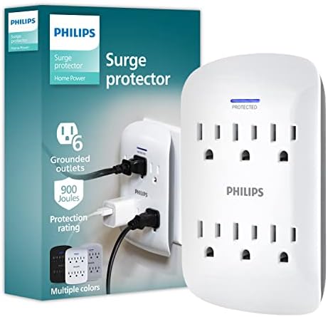 Philips 6-Outlet Extender Surge Protector, Wall Tap, ETL Listed, White, SPP3461WA/37 & Philips 6 Outlet Power Strip Surge Protector, 6 Ft Power Cord, Designer Braided Extension Cord, White