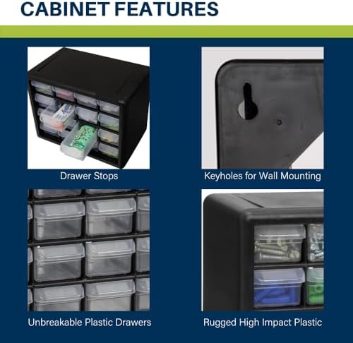 Akro-Mils 16-Drawer Plastic Storage Cabinet | 10-1/2 x 6-1/2 x 8-1/2 Inch | Black | Model 10116 | Garage Organization