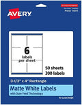 Avery® Matte White Rectangle Labels, Sure Feed® Technology, 3-1/3" x 4", 300 Matte White Printable Labels