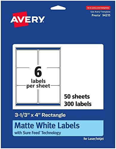 Avery® Matte White Rectangle Labels, Sure Feed® Technology, 3-1/3" x 4", 300 Matte White Printable Labels
