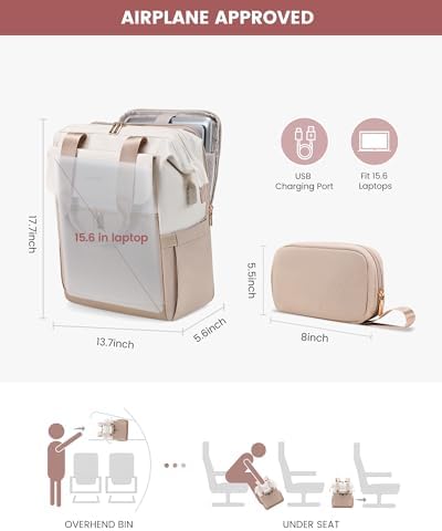 LOVEVOOK Laptop Backpack for Women with Giant Tumbler Holder, 15.6 Inch Work Laptop Bag with USB Port, Fashion Teacher Nurse Backpack Purse, Waterproof Travel Computer Backpack, 2PCS, Beige-Khaki