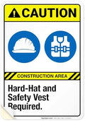 Hard-Hat and Safety Vest Required Sign, ANSI Caution Sign,