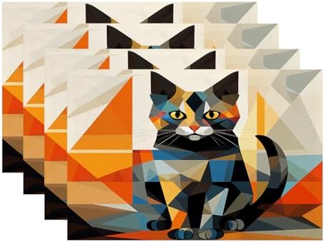 Batmerry Geometric Cat Linen Placemats Set of 4, Colorful Triangular Art Washable Table Mats for Kitchen Table Thickened Heat Insulation Dining Set Indoor Outdoor 12X18 in