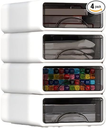 Desk Organizer with Drawers, Stackable Storage Drawers with Compartments Desktop Organization for Office Supplies, Makeup, Pencils, Tape, Erasers, Paperclips, Chargers (4 Pack White)