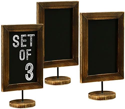 MyGift Set of 3 Tabletop Chalkboard Sign with Burnt Wood Frame and Round Base, Decorative Wedding Table Place Card Signage, Rustic Small Kitchen Countertop Memo Board