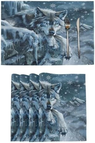 ALAZA Wolf Snow Winter Set of 4 Placemats Rectangle Table Mat for Dining Table Restaurant Kitchen Home Decor, 12" x 18"