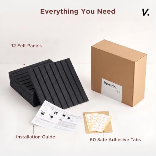 VIVELDA Large Felt Bulletin Board 48 x 36 Inch - 12-Pack Square Acoustic Wall Panels, Cork Board Alternative, NRC 0.95, Damage-Free Adhesive, Slatted Design for Home, Classroom (Black)