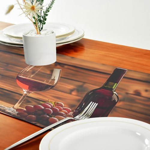 ALAZA Double-Sided Red Wine Glass and Grape in Basket in Wooden Table Runner 14x108 Inches Long,Table Cloth Runner for Wedding Birthday Party Kitchen Dining Home Everyday Decor