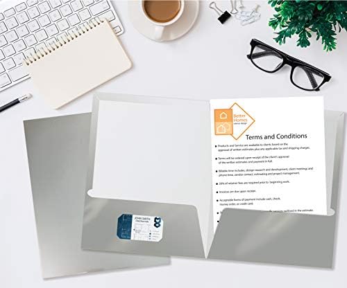Better Office Products 2 Pocket Glossy Laminated Metallic Silver Paper Folders, Letter Size, 25 Pack, Paper Portfolios, Box of 25