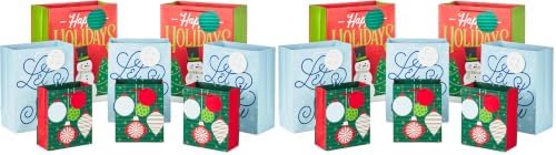 Hallmark Holiday Gift Bag Assortment (8 Gift Bags: 3 Small 6", 3 Medium 9", 2 Large 13") Red, Green and Blue Ornaments, Let It Snow, Happy Holidays with Snowman and Christmas Trees (Pack of 2)