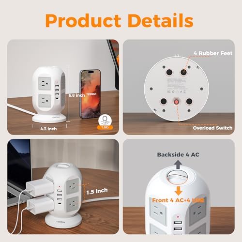 TESSAN Tower Surge Protector Power Strip, 10 ft Long Flat Extension Cord