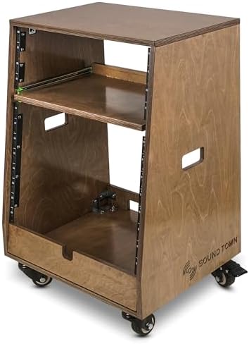 Sound Town DIY Slanted 12U Studio Rack (4U Top + 8U Lower), with 2U Bottom Storage, Slide-Out Tray, Caster, Plywood, Weathered Brown for Recording Room, Home Studio (SDRK-ST12TB)