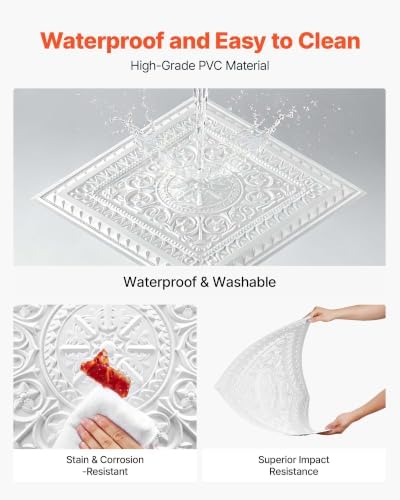 VEVOR 24 x 24 in PVC Ceiling Tiles 12-Pack White 3D Geometric Panels, Smooth PVC Sheet for Drop Grid only, Impact-Resistant, Paintable Surface, Easy Cut, Modern Decorative Style for Home, Office