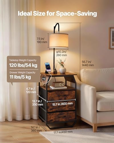 VEVOR Floor Lamp with Table, End Table with 3 Drawers and 3 Color Temperature Lighting, Modern Side Table Bedside Nightstand with USB & Type C & AC Charging Port for Living Room, Bedroom, Dorm