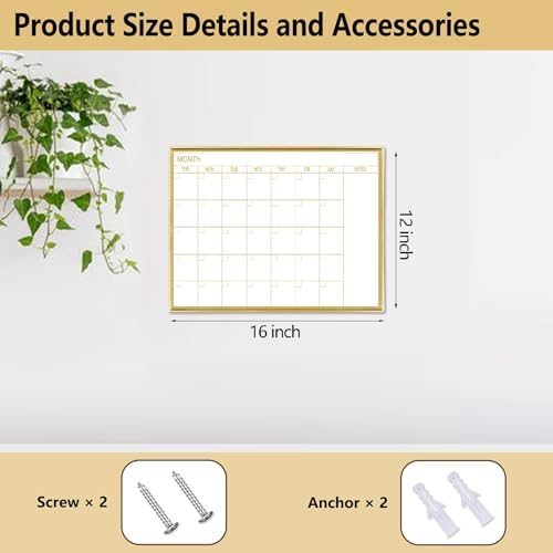 Golden Monthly Dry Erase Calendar Whiteboard for wall-16"X12" Portable Aluminum Frame,Magnetic Calendar White Board,Wall Planner Dry Erase Board for Office, Kitchen, School, Home-GG
