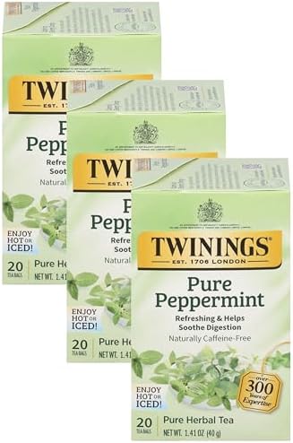 Twinings Pure Peppermint Herbal Tea Individually Wrapped Bags, Fresh Minty Flavour, Naturally Caffeine-Free, Enjoy Hot or Iced, 20 Count (Pack of 3)