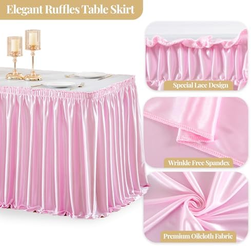 Wish Care 21ft Pink Satin Long Table Skirt for Rectangle Tables Wrinkle Free Teacher Desk Skirt Glitter Ruffle Table Skirting Cloth for Back to School Classroom Office Girls Birthday Party Table Decor