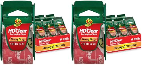 Duck HD Clear Packing Tape with Dispensers - 6 Rolls of Strong Heavy Duty Packing Tape for Shipping and Moving,Boxes and Packaging - 1.88 in. x 22.2 Yards - 1.5" Core - Clear (287732),(Pack of 2)