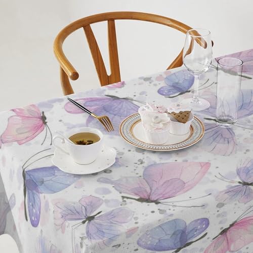 Purple Butterfly Tablecloth, Watercolor Pink Butterfly Abstract Cartoon Print Table Cloth for Farmhouse Kitchen Dinning Room Picnic Parties Home Decor 55x75in