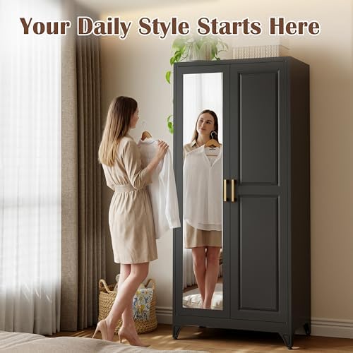 SteeLoong 71”Armoire Wardrobe Close,Black Wardrobe Cabinet with Mirror Door