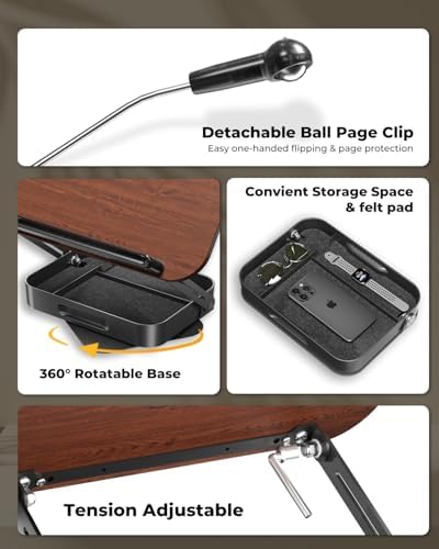 Adjustable Book Stand with Storage Drawer, 360° Rotating Book Holder, Height & Angle Adjustable, Extra-Wide Page Clips for Thick Books, Wood & Aluminum Book Stand for Desk, Study, Kitchen