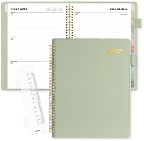 SUNEE 2027 Weekly & Monthly Planner 9"x11.2"- 12 Month (January 2027 - December 2027), Vegan Leather Cover, Pocket, Bookmark, Notes, Monthly Tab, Sage Green