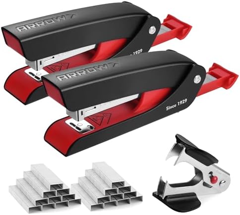 Arrow Office Stapler Set, 25 Sheet Capacity Metal Desk Staplers with 2100 Staples and Staple Remover, Half Strip Design and Non-Slip Base, Spare Staple Storage for Classroom, Office and Home, 2 Pack