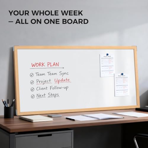 TOWON Magnetic Whiteboard, 48 x 24 Inch, Solid Pine Wood Frame, Natural