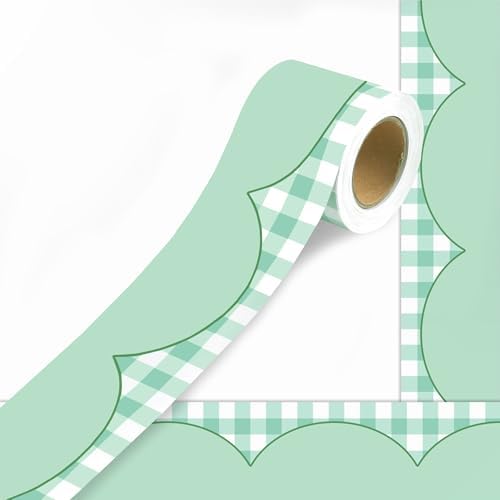 50ft Checkered Bulletin Board Borders, Checkerboard Straight Trim Border with Scalloped Edge Print, Classroom Decor for Chalkboard Whiteboard Back to School Supplies, Green and White