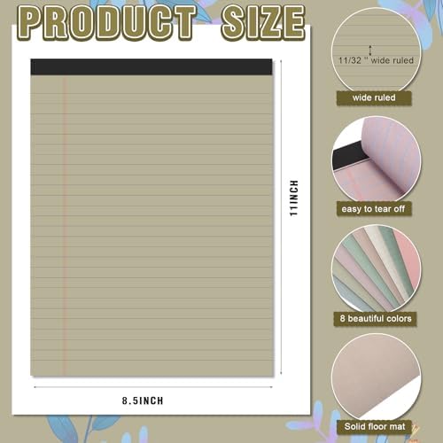 8.5'' x 11'' Colored Legal Pad Writing Wide Ruled, Vivid Colors, 8 Pcs