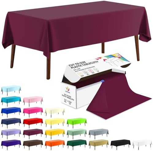 CXPSINC 54 Inch X 100 Feet Plastic Table Cover Roll Disposable Tablecloth with Slide Cutter for All Type/Shape Tables | Party, Banquet, Birthdays, Weddings(Burgundy, 100 Feet)