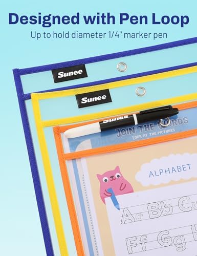SUNEE 50 Packs Oversized Reusable Dry Erase Pocket Sleeves with 3 Rings, 10 Assorted Colors 10x14 Ticket Holders, Clear Plastic Sheet Protectors, Teacher School Classroom Supplies