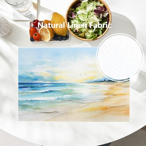 Batmerry Beach Scene Linen Placemats Set of 6, Serene Ocean View Washable Table Mats for Kitchen Table Thickened Heat Insulation Dining Set Indoor Outdoor 12X18 in
