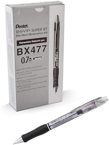 Pentel RSVP Super RT Ballpoint Pen, (0.7mm) Fine Line, Black Ink, Box of 12 (BX477-A)