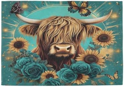 ALAZA Highland Cow Butterfly Rose Set of 4 Placemats Rectangle Table Mat for Dining Table Restaurant Kitchen Home Decor, 12" x 18"